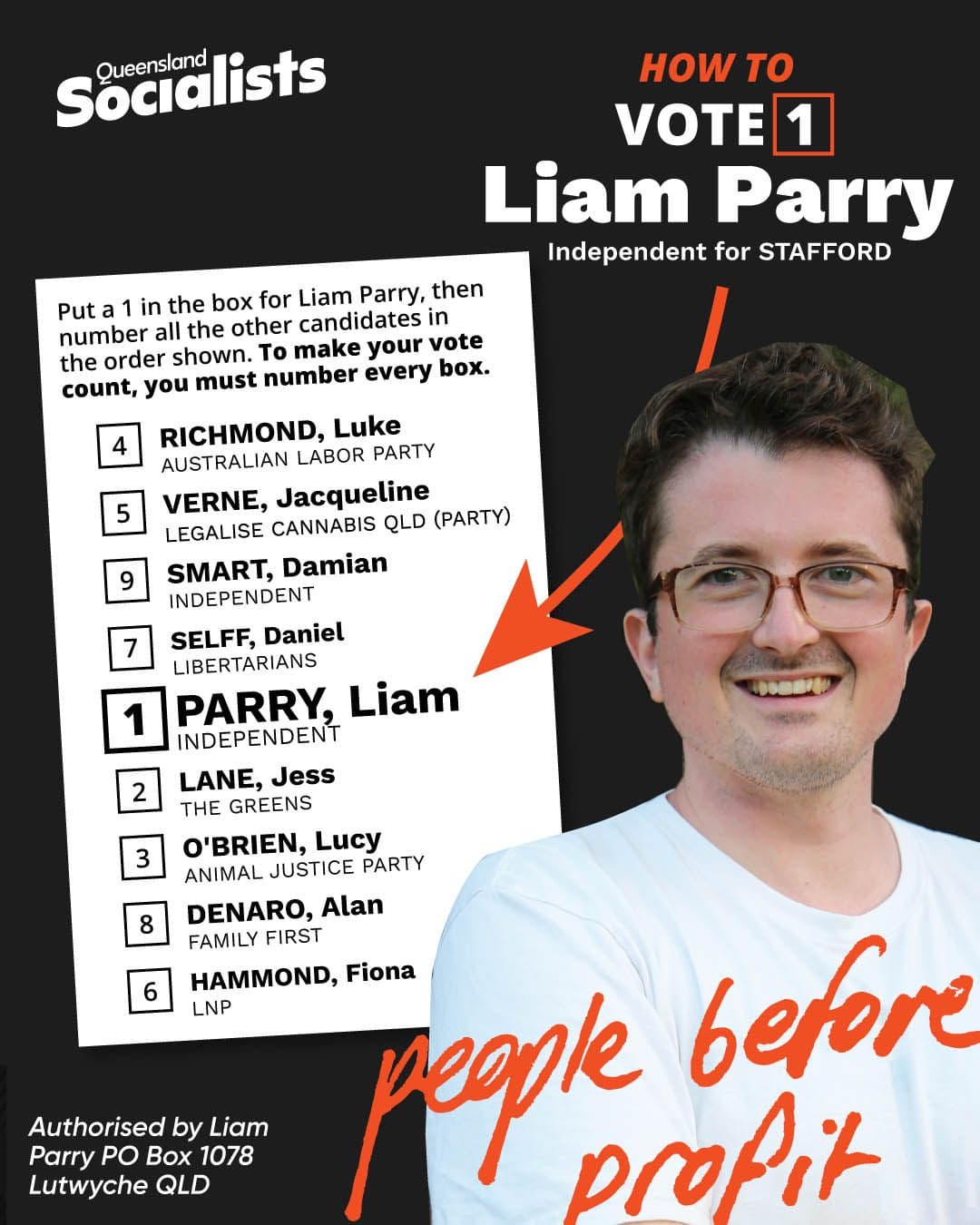 A how to vote card for Liam Parry